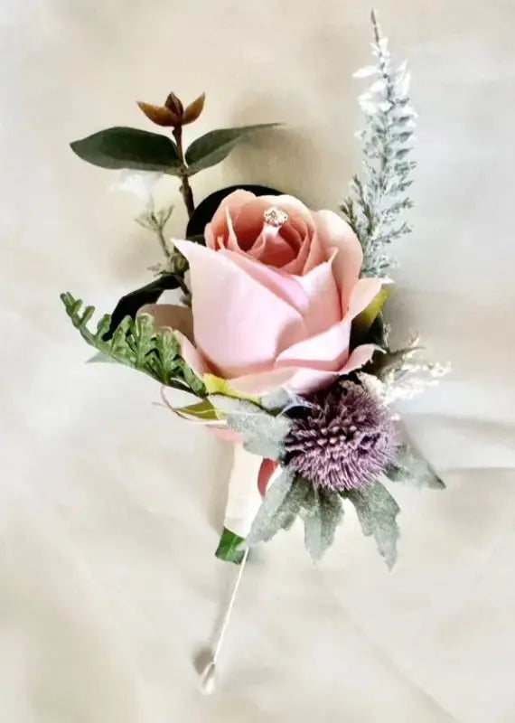 Gents, guest dark dusky pink rose and thistle buttonhole Beaux Faux Flowers Shop