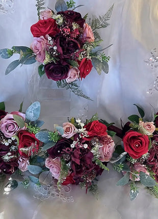 Artificial silk Wedding Flowers Burgundy, Pink, Cascading winter Bridal Bouquet image 2