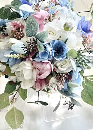 Blue, pink silk Wedding Flowers  Peony Bridal Bouquet in White, Ivory image 7