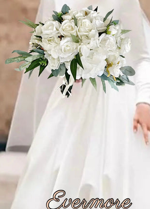 Artificial Roses, Peonies in White Ivory Round Spray Bridal Bouquet | Wedding Fl image 0