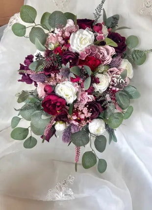 Artificial Silk Wedding loose round Bridal Flowers plum, burgundy with roses, thistles and eucalyptus Beaux Faux Flowers Shop