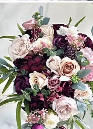Set of floral accessories including a headband, corsage, and bouquet on a white background.