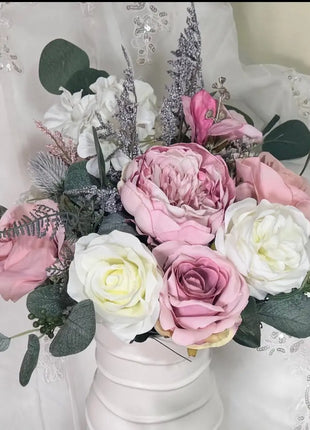 Dusky pink silk rose and grey scottish thistle bridal teardrop bouquet Beaux Faux Flowers Shop