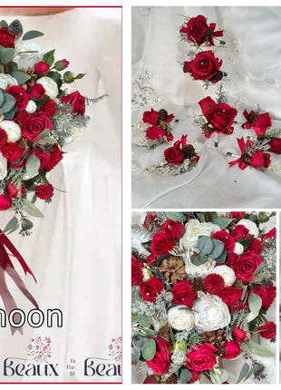 Silk Rose ranunculus Cascading Bridal Bouquet Wedding Flowers in reds, Ivory - Beaux Faux Flowers Shop