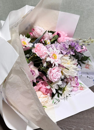 Silk Floral Proposal Bouquet in pastel pink, blue and lilac, valentines gift bouquet Beaux Faux Flowers Shop
