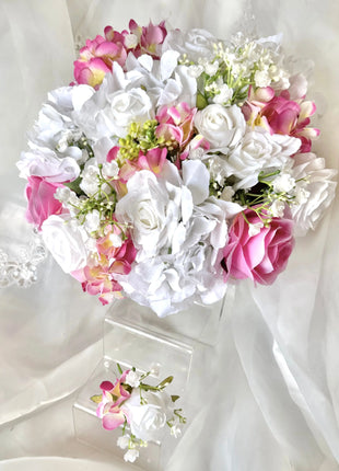 Ready to Send White, Cerise Artificial bridal bouquet | Rose and hydrangea image 6