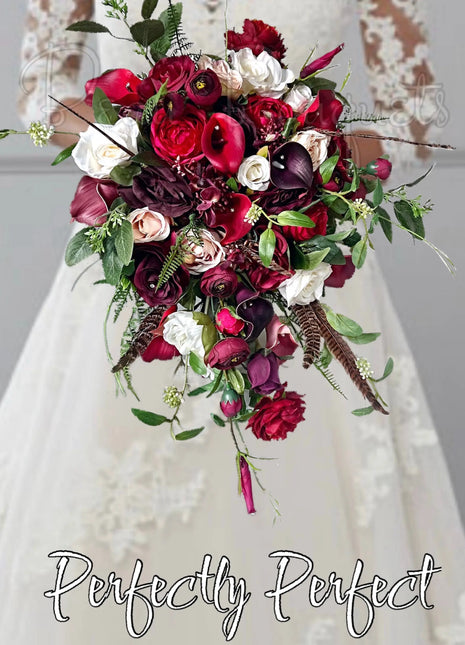 Silk Rose, Calla Cascading Bridal Bouquet Wedding Flowers in Burgundy, Ivory image 0