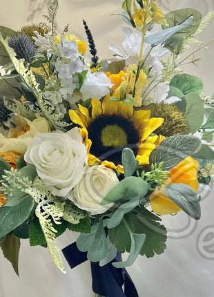 Silk sunflower, rose bouquet - yellow, amber, blue, Ivory round  Bridal flowers image 1