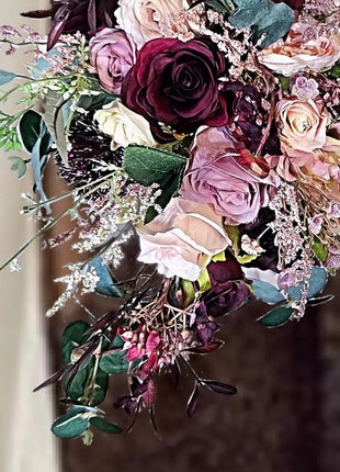 Silk Rose, pheasant feather Bride Bouquet Wedding Flowers | black, pink & Ivory image 4