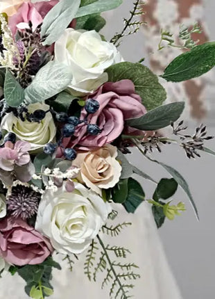 Silk Wedding Flowers in navy, ivory,, Mauve Rose, Thistle Bridal Round Bouquet image 8