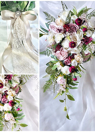 Teardrop Bridal Bouquet, Artificial Wedding Flowers in Burgundy, Pink, ivory image 2