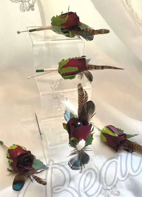 Scottish bridal bouquet with roses pheasant feather,  blue, red, Ivory blush  image 1