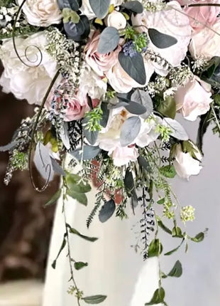 Silk Cascade  Bridal Bouquet Roses, Peony in Cream, pink, Ivory image 1