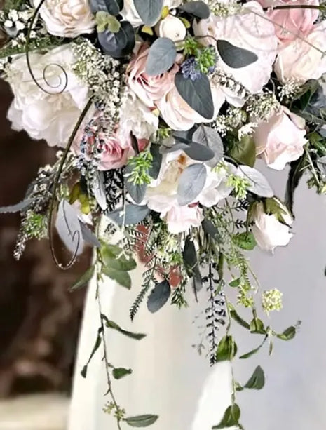 Silk Cascade  Bridal Bouquet Roses, Peony in Cream, pink, Ivory image 1