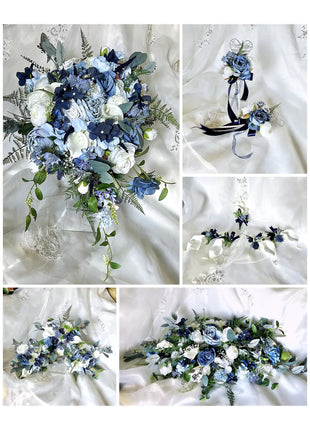 Silk Cascade  Bridal Bouquet Roses, Peony inBlue,  navy, Ivory image 10