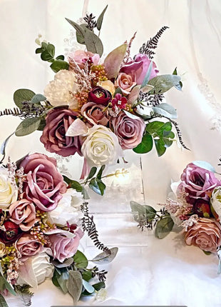 Teardrop Bridal Bouquet, Artificial Wedding Flowers Burgundy, Pink ivory image 3