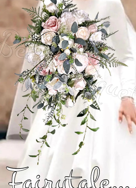 Silk Cascade  Bridal Bouquet Roses, Peony in Cream, pink, Ivory image 0