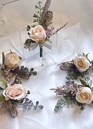 Scottish bridal bouquet with roses pheasant feather blush pink, grey, Ivory image 4
