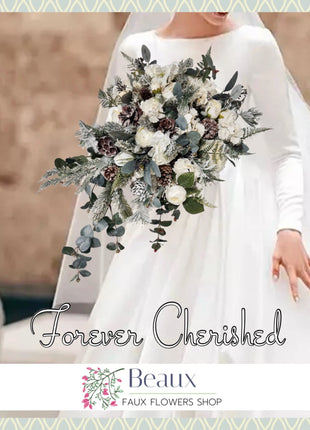 Wintry Christmas Cascade Bridal Bouquet, Ivory, Cream with Fir Cones , spruce  image 0