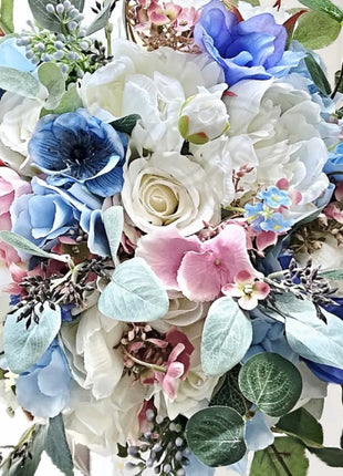 Blue, pink silk Wedding Flowers  Peony Bridal Bouquet in White, Ivory image 5