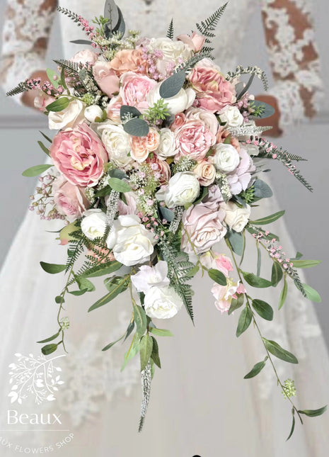 Silk Cascade Bridal Bouquet Roses, Peony in Cream, peach, blush, pink, ivory Beaux Faux Flowers Shop