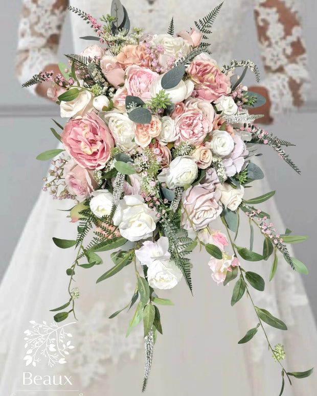 Silk Cascade Bridal Bouquet Roses, Peony in Cream, peach, blush, pink, ivory Beaux Faux Flowers Shop