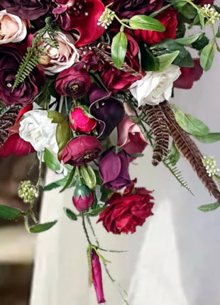 Silk Rose, Calla Cascading Bridal Bouquet Wedding Flowers in Burgundy, Ivory image 11