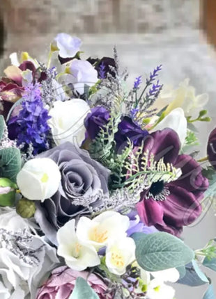 Silk Rose, lilacs, ranunculus bouquet-purple, mauve, Ivory round  Bridal flowers image 7