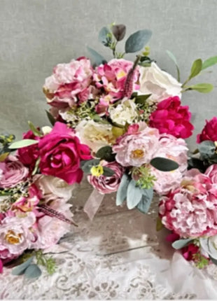 Cerise Rose Spray Bridal Bouquet,  Artificial Wedding Flowers with peony, gyp image 2