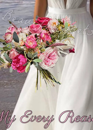 Cerise Rose Spray Bridal Bouquet,  Artificial Wedding Flowers with peony, gyp image 0