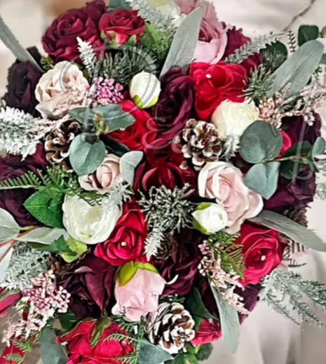 Artificial Wedding Flowers in Burgundy Red Cascading wintry Bridal Bouquet image 1