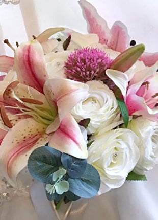 Bridal Cascade Bouquet, Artificial Wedding Flowers in cerise, pale pink, ivory image 2