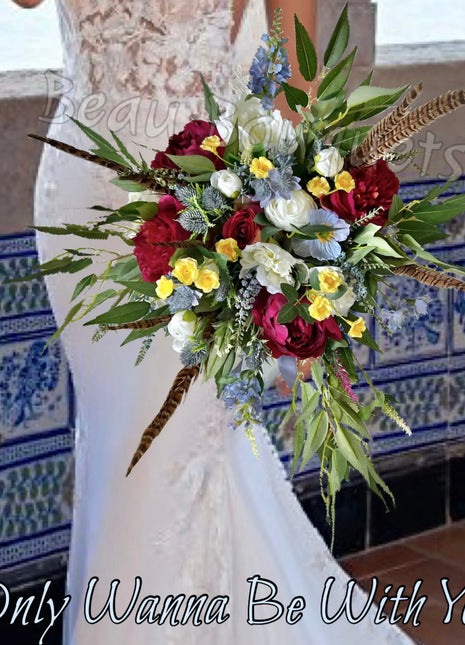 Scottish bridal bouquet with roses pheasant feather, blue ,yellow, red, Ivory image 0