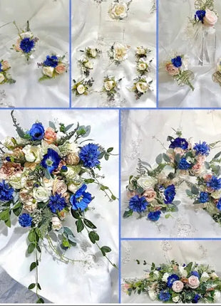 Silk flower blue and blush cascading bridal bouquet with roses, anemones and peony Beaux Faux Flowers Shop