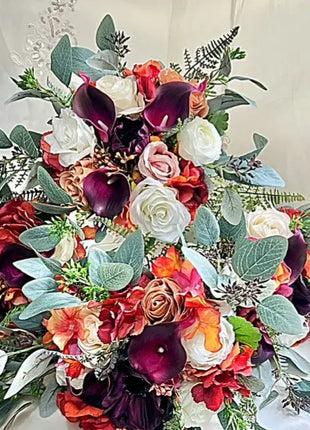 Artificial  Silk Wedding Flowers: Orange, Plum, Ivory Teardrop Bridal Bouquet image 8