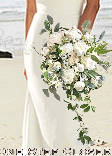 Artificial Roses & Peonies - Cream, Ivory Teardrop Bridal Bouquet | Wedding Fl image 0