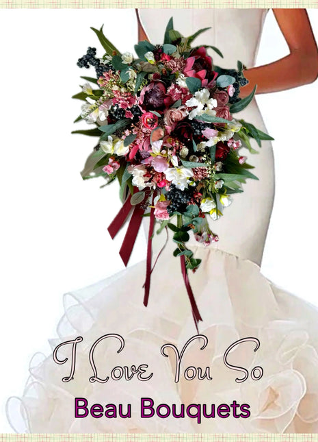 Cascading burgundy bridal bouquet Artificial Wedding with red  |ivory flowers image 0