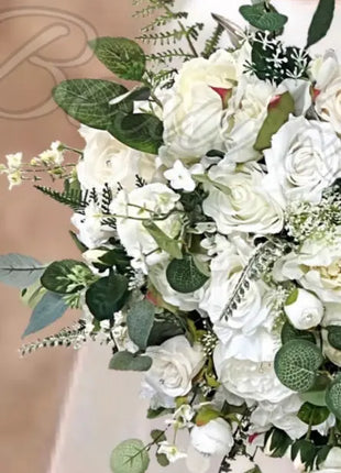 Artificial Roses, Peonies in White Ivory Round Spray Bridal Bouquet Wedding Fl image 8