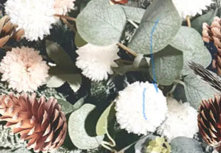 Winter  whites Floral vase decor with dahlia poms, hydrangea, Spruce pine cones  image 5