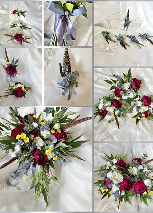 Scottish bridal bouquet with roses pheasant feather, blue ,yellow, red, Ivory image 7
