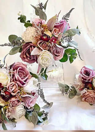 Bridal teardrop Bouquet, Artificial Wedding Flowers  in cerise ,blush pink, ivory, blue - Beaux Faux Flowers Shop