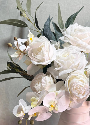 Silk Peony ivory white yellow flower Arrangement with orchid peonies, roses, Nicoli eucalyptus - Cliff View Beaux Faux Flowers Shop