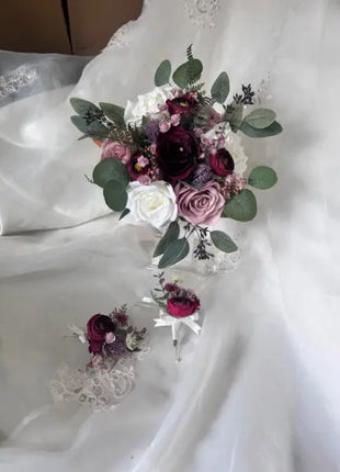 Artificial Silk Wedding loose round Bridal Flowers plum, burgundy with roses, thistles and eucalyptus Beaux Faux Flowers Shop
