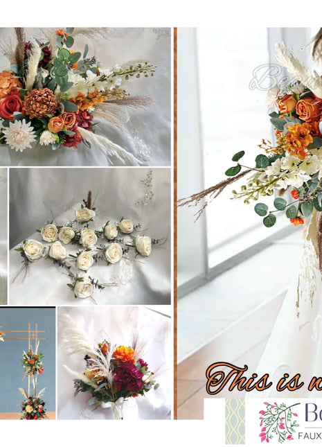 Ivory, burnt orange, burgundy Pampas Spray Bouquet, Round Loose Bridal Bouquet Artificial flowers Beaux Faux Flowers Shop