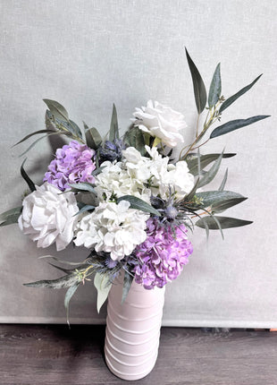 Silk Peony thistle lilac flower Arrangement with White with peonies, roses, Nicoli eucalyptus - Village Gardens Beaux Faux Flowers Shop
