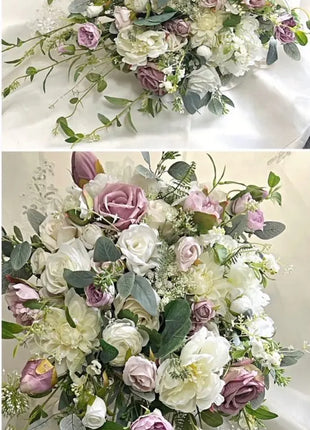Two images of a floral arrangement with pink, white, and green flowers on a white background.