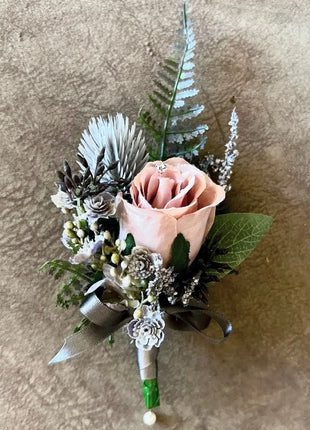 Dusky pink silk rose and grey scottish thistle bridal teardrop bouquet Beaux Faux Flowers Shop