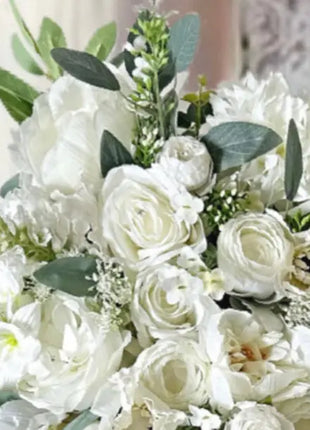 Artificial Roses, Peonies in White Ivory Teardrop Bridal Bouquet | Wedding Fl image 6