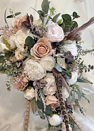 Scottish bridal bouquet with roses pheasant feather blush pink, grey, Ivory image 5