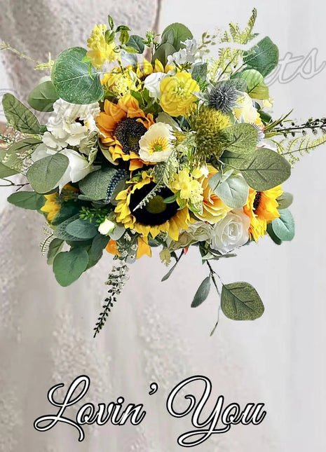 Silk sunflower, rose bouquet - yellow, amber, blue, Ivory round  Bridal flowers image 0